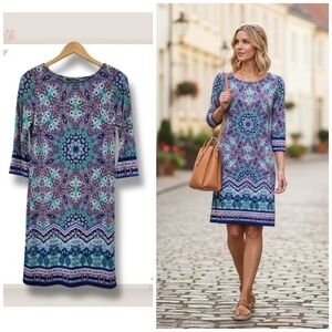 🌿Roz & Ali Women's Small Petite Paisley Boho Shift Dress Blues, Oranges, Teals